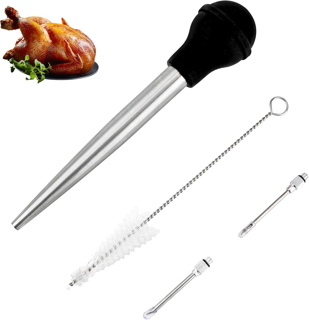 Omoojee Turkey Baster Syringe for Cooking, Large Stainless Steel Meat Injector, with Cleaning Brush and 2 Marinade Needles, Black