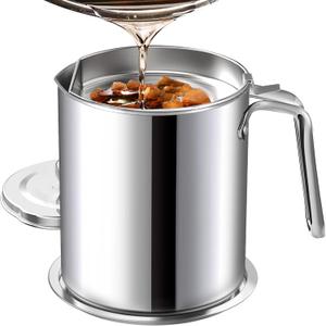 Chihee Grease Container Stainless Steel Bacon Grease Saver with Fine Mesh Strainer 2L / 67.6 fl oz Cooking Oil Keeper Stoarge Can with Dust-proof Lid Non-slip Tray for Kitchen Frying