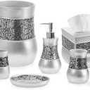 Creative Scents Crackled Glass Silver Bathroom Accessories Set Complete - Set of 6 Bathroom Accessory Set Includes: Trash Can, Tissue Box Cover, Soap Dispenser, Toothbrush Holder, Soap Dish & Tumbler