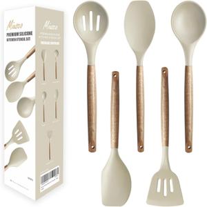 Kitchen Utensils Set, Silicone Cooking Utensils Set,Non-Stick Silicone Spatula Set with Natural Acacia Hard Wood Handle, 5 Piece, Upgraded Thickened Cookware (Beige)