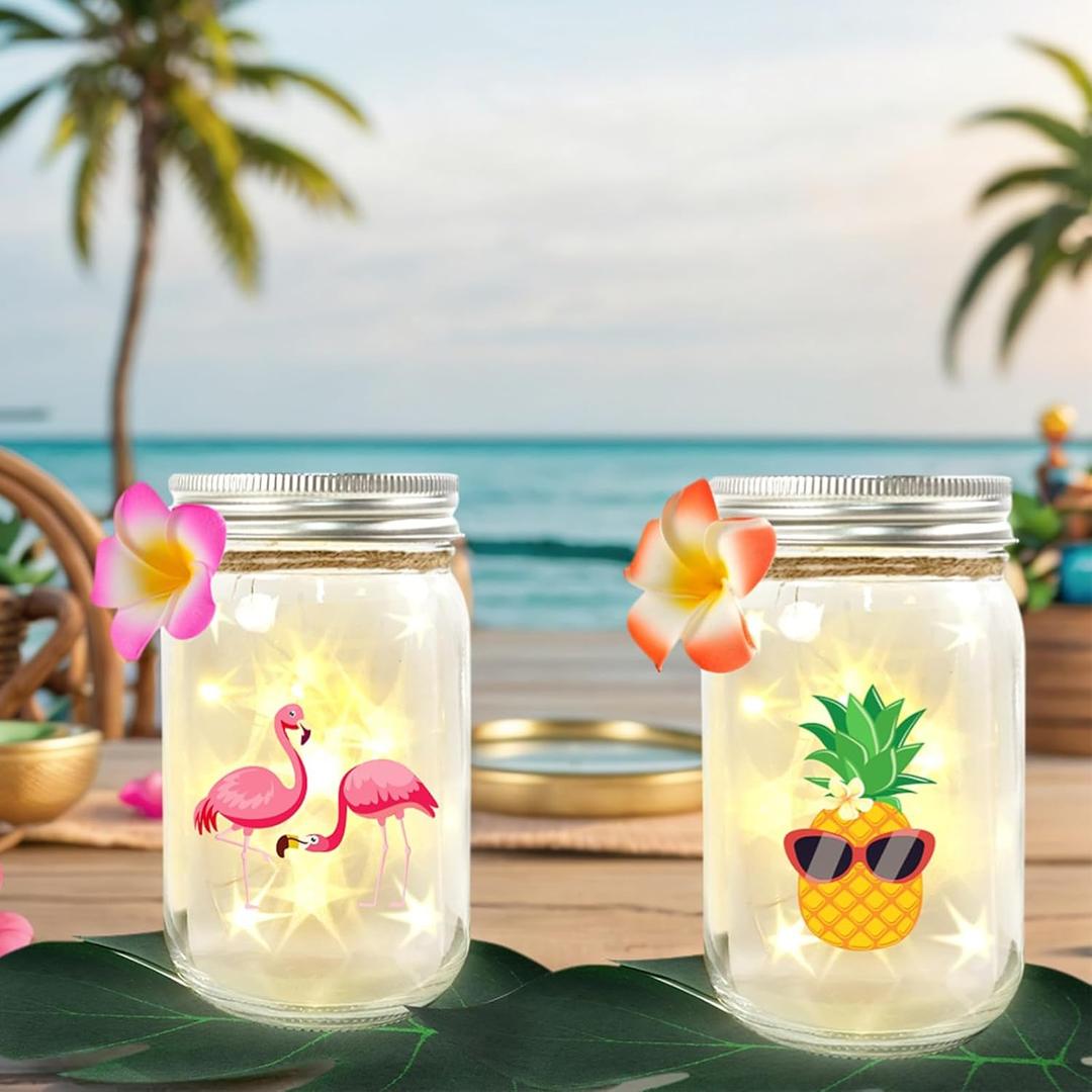 Luau Party Decorations Mason Jars Set, 6 Pcs Glowing Mason Jars with Lids Centerpieces Decoration for Table for Hawaiian Luau Summer Pool Beach Party Table Decorations, Hawaiian Centerpieces