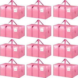 12 Pack Extra Heavy Duty Large Moving Bags with Strong Zipper & Comfortable Handles, Sturdy & Durable Clothes Storage Bags Totes Bins, Packing Moving Boxes for College Supplies, Pink