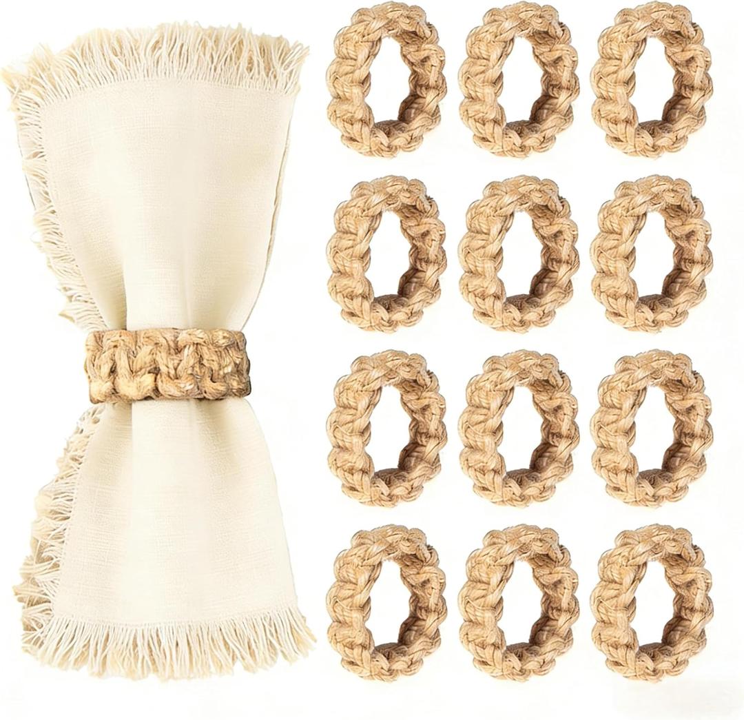 12PCS Boho Napkin Rings Set Rustic Boho Handwoven Napkin Rings for Farmhouse Table Decor Harvest Wedding Banquet Party Decor