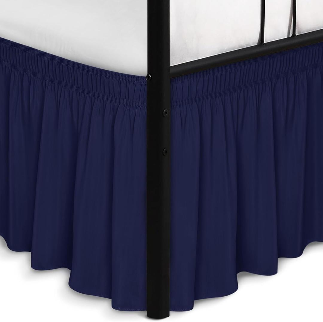 Biscaynebay Wrap Around Bed Skirts with Split Corners for Queen Beds 14" Drop, Navy Elastic Dust Ruffles Adjustable Easy Fit Wrinkle & Fade Resistant Silky Luxurious Fabric Machine Washable