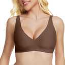 Jelly Wireless Bra Deep V Push Up Seamless T-Shirt Comfortable Plunge No Underwire Bras with Adjustable Straps Everyday Bras (Brown) M