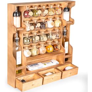 Byers Choice TX Pine Wooden Spice Rack Organizer for Countertop with Rounded Corners and Ample Storage Space – Freestanding Spice Jar Rack with Drawers for Kitchen Pantry, Apothecary