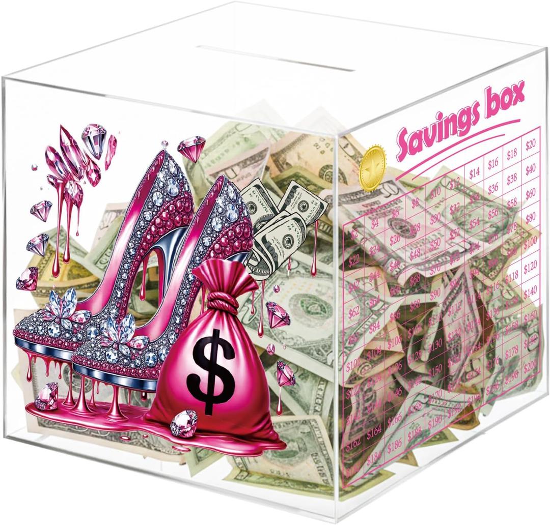 Yinkin 10k Smash Box Saving Challenge Clear Acrylic Smash Box for Money 10k Piggy Bank for Adults Woman Break to Open Cash Vault Cash Coin Collection(Fashion Style)