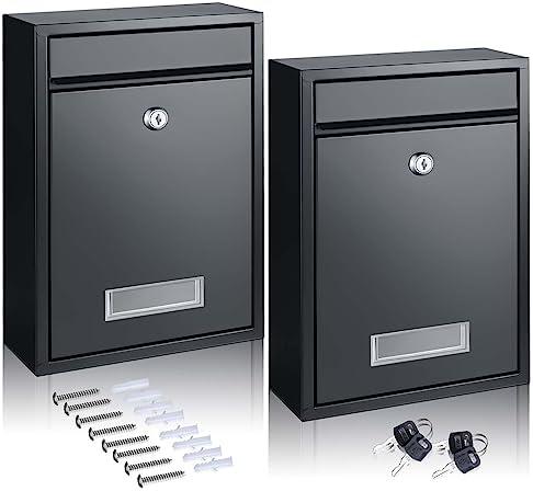 Gisafai 2 Pcs Mailboxes for Outside Wall Mount Large Donation Suggestion Box for Mailbox Postbox Letters Newspapers Rust Proof with Slot Steel, 12.68 x 8.54 x 3.31 Inch, Black(Key Lock)