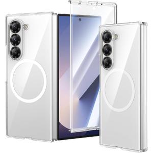 VEGO for Galaxy Z Fold 6 Case, with Front Tempered Glass Screen Protector, Compatible with MagSafe, Slim Transparent Magnetic Protective Crystal Clear Cover for Samsung Z Fold6 - Clear