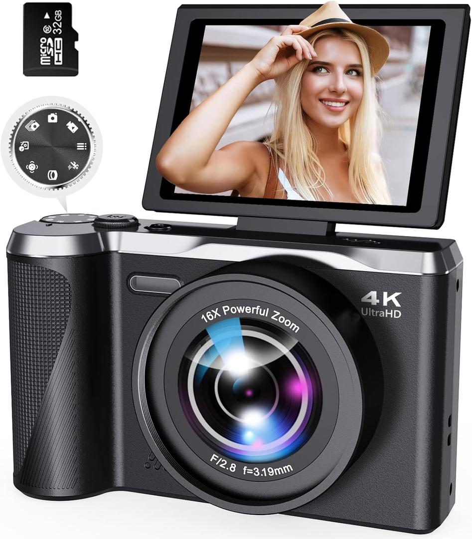 4K Digital Camera for Photography, 56MP Autofocus Vlogging Camera with 3" 180 Flip Screen, 16X Zoom Compact Travel Camera for Beginners & Teens with 32GB SD Card Included