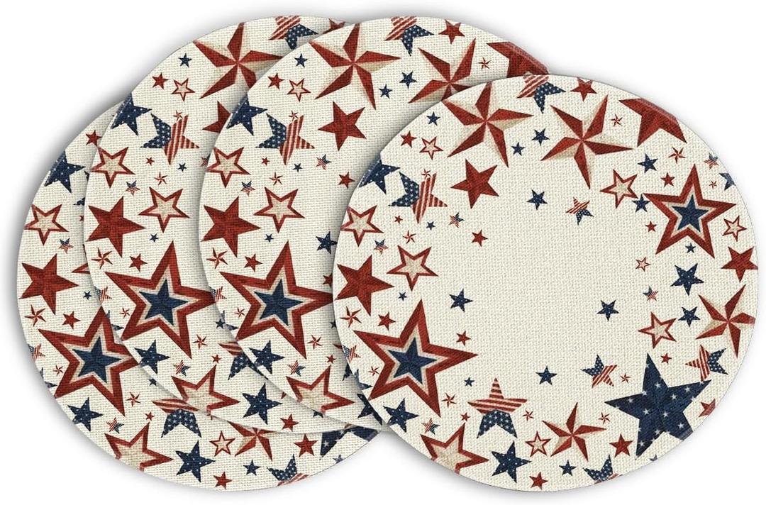 Artoid Mode Old Style Stars American Flag 4th of July Round Placemats Set of 4,15 Inch Memorial Day Table Mats for Party Kitchen Dining Decoration (Beige)