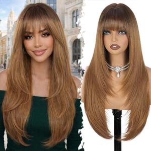 XIXIBI Light Brown Wigs with Bangs for Women,Long Layered Hairstyle,4x4 Realistic Scalp,Free Parting,26Inches Synthetic Heat Resistant Wig for Girls Daily Party Use
