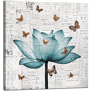 LevvArts Vintage Flower Canvas Wall Art Antique Teal Lotus with Butterflies Painting Picture Prints for Bedroom Farmhouse Wall Decor Zen Floral Artwork Framed Ready to Hang 24x24