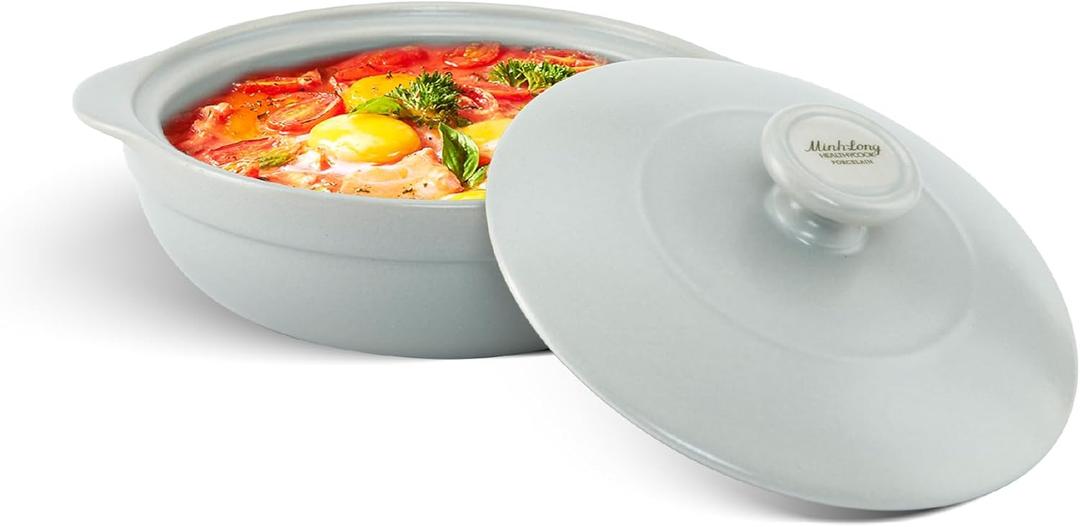 MINH LONG 1-Qt Porcelain Dutch Oven with Lid  Lead & Cadmium Free, Oven Safe to 482F, Heat Retention, Clay Pot for Cooking on Gas & Infrared Cooktop, Use to Marinate, Cook, Bake, Refrigerate & Serve (Luna - Grey)