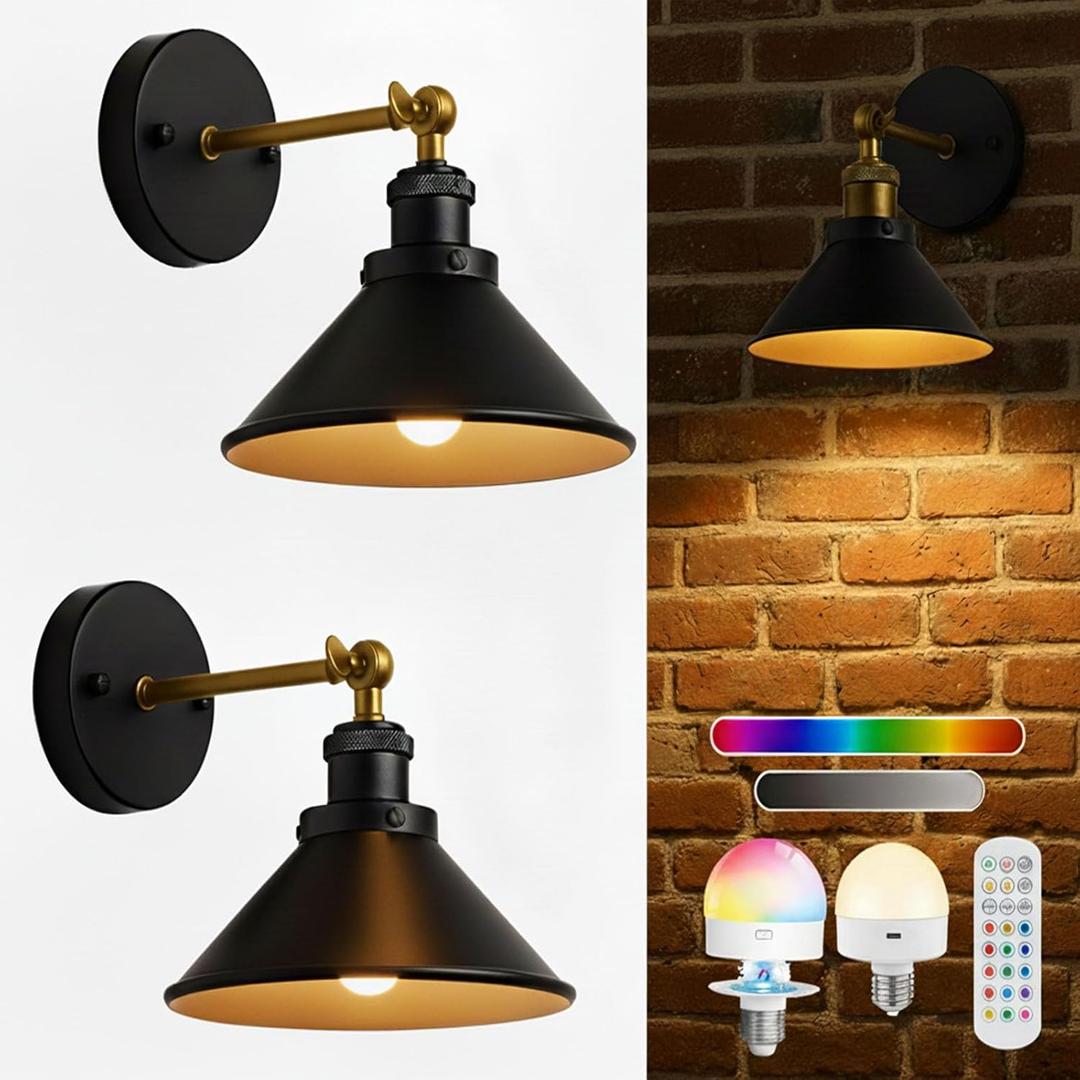 Black Gold Vintage Wireless Battery Operated Wall Sconces — Cordless Battery Powered LED Wall Lights Set of 2, Wall Lamp with Remote, Indoor Wall Lamp Fixture for Gallery, Bedroom, Farmhouse