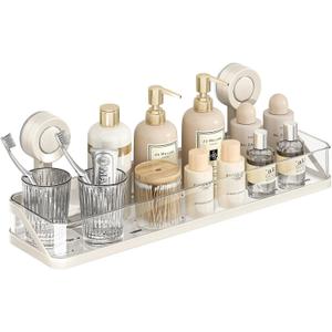 Suction Cup Shower Caddy, Removable Bathroom Organizer Shelf for Shower Storage, No Drilling Clear Square Shower Shelves, Large Capacity & Reusable, Home & Kitchen White