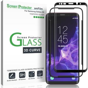 amFilm Glass Screen Protector for Samsung Galaxy S9, 3D Curved Tempered Glass, Dot Matrix with Easy Installation Tray, Case Friendly (Black), 1 Pack