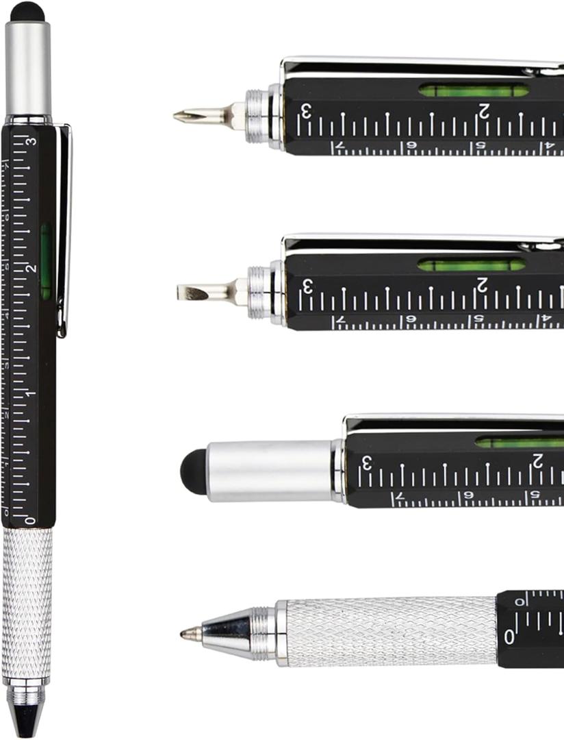 DUNBONG Metal Multi tool Pen 6-in-1 Stylus Pen - With Screwdriver, Ballpoint Pen Black ink, Stylus pen, Level and Ruler, 1-Count (Black)