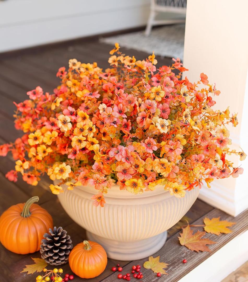 HyeFlora Artificial Fall Flowers Faux Mums for Outdoor Indoor Garden Home Decoration, Faux Flower Daisy with Eucalyptus Leaves Fake Mums Plants Greenery Boxwood Porch Patio, 12 Bundles, F Orangeyellow HyeFlora Artificial Fall Flowers Faux Mums for Outdoor Indoor Garden Home Decoration, Faux Flower Daisy with Eucalyptus Leaves Fake Mums Plants Greenery Boxwood Porch Patio, 12 Bundles, F Orangeyellow