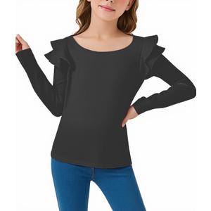 CharmWM Girls Ruffle Long Sleeve Shirts Kids Crewneck Tee Tops Casual Cute Fall Clothes (Black)