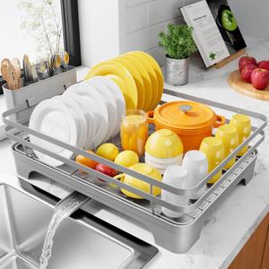 Kitsure Dish Drying Rack - Multi-Functional Dish Rack for Kitchen Counter with Cutlery Holder, Rust-Proof Storage Solution with Rotatable, 15.7" x 12.0" x 5.5", Gray