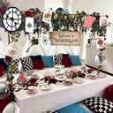Yinkin 14 Set Wonderland Tea Party Decoration Wonderland Theme Photo Backdrop Party Ornament Clock Hanging Banner Poker Cards Door Banner Teapot Garland for Birthday Supplies