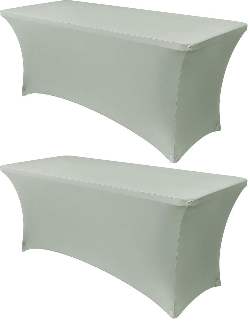 Obstal 2PC Sage Green Tablecloth - 8ft Rectangle Spandex Table Cover for Party, Events, Banquets & Weddings, Machine Washble
