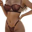 Dlsave Sexy Lingerie for Women Eyelash Lace Mesh Matching Bra and Panty Sets Push Up Lace Bralette 2 Piece Lingerie Set (Large, Brown)