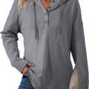 Dokotoo Hoodies for Women Long Sleeve Drawstring Button V Neck Fleece Casual Lightweight Pullover Sweatshirt Hooded Tops (Gray, S)