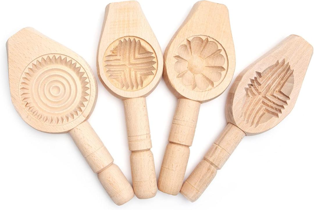 4 Pack - Wooden Cookie Mold for Baking Carved Mould Press Mooncake Mold Baking Moon Pastry Maamoul Mold Cake Mold for Enjoyable Time