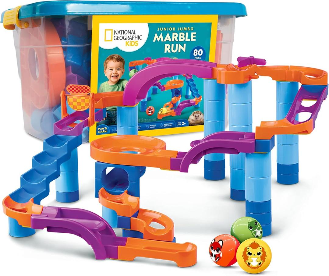National Geographic Kids Junior Jumbo Marble Run, 80-Piece Ball Drop Toy | Includes Storage Bin, Kid-Safe Balls & Buildable Marble Run Maze for Toddlers & Preschoolers Ages 2+