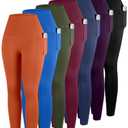ATHVOTAR Leggings with Pockets for Women, 6 Packs High Waisted Workout Tummy Control Yoga Pants Black/Navy/Burgundy/Army Green/Sparkle Blue/Deep Purple/Orange 2XL