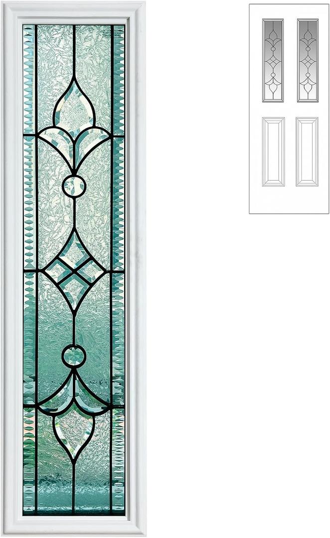 Pushglossy 1 Pcs 8" x 36" Entry Door Glass Window Insert White Raised Frame Nouveau Exterior Front Door Sidelite Inserts Replacement Kit for Home Improvement (Patina Caming)