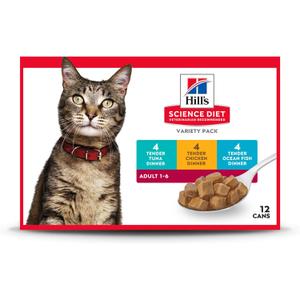 Hill's Science Diet Adult 1-6 Wet Cat Food Variety Pack, Chicken, Tuna, & Ocean Fish, 5.5 oz. Cans, 12-Pack (EXP 02/29/28)