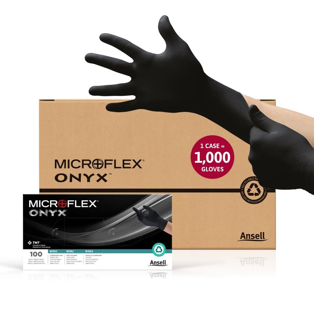 Ansell MICROFLEX Onyx N64 Disposable Nitrile Exam Gloves for Automotive, Metal Fabrication - Med, Black (Case of 1000), Size: Medium