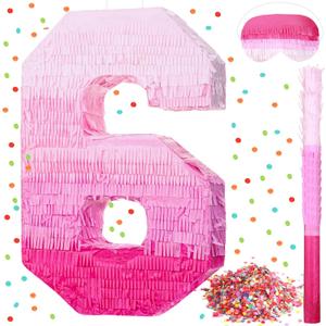 Number Piñata Pink Piñata Birthday Decorations Gradient with Stick Blindfold Confetti for Girls Boys Birthday Anniversary Party Decorations Supplies(Number 6)