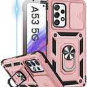 Goton Compatible with Samsung Galaxy A53 5G Case with Camera Cover & Kickstand Ring with Tempered Glass Screen Protector, Military Grade Shockproof Protective Bumper Cover Rose Gold