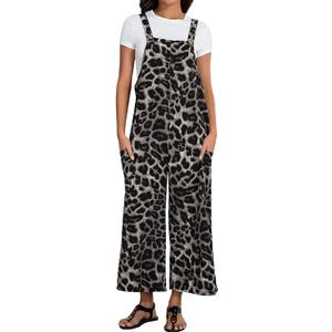 OYOANGLE Women's Leopard Print Strap Bib Overalls Sleeveless Straight Leg Long Jumpsuits with Pocket (Large, Grey) OYOANGLE Women's Leopard Print Strap Bib Overalls Sleeveless Straight Leg Long Jumpsuits with Pocket (Large, Grey)