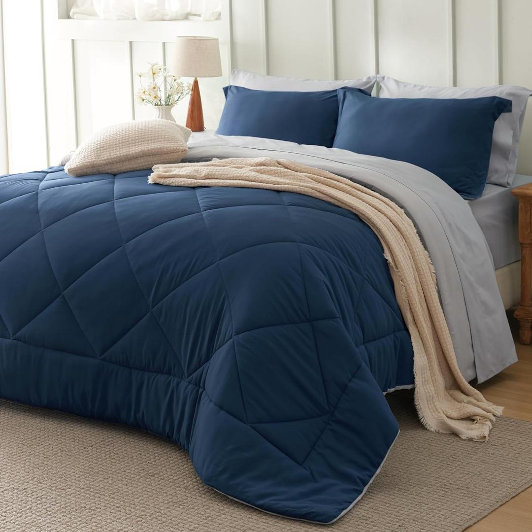 Bedsure Blue Comforter Set Queen - 7 Pieces Reversible Navy Bed in a Bag, Blue Comforter Queen Bed Set for All Seasons with 1 Flat Sheet, 1 Fitted Sheet, 2 Pillowcases and 2 Pillow Shams