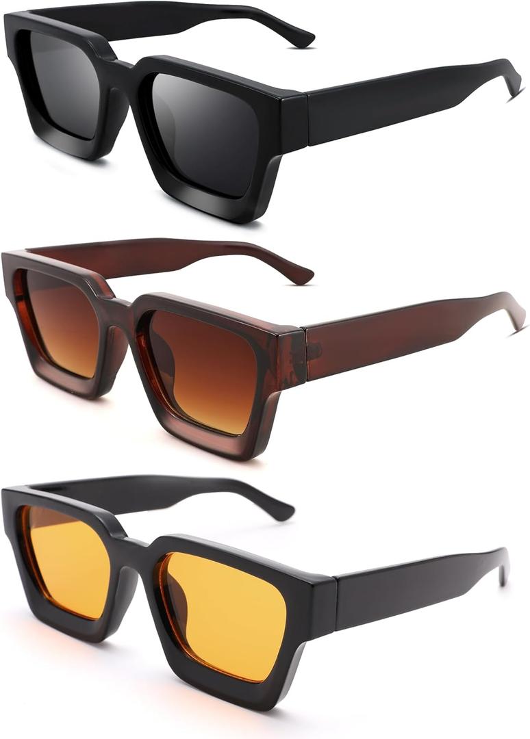 Pro Acme Square Sunglasses for Men Women,Thick Frame Sun Glasses Simple Designer Style Shades (3 Pack (Black/Grey + Black/Orange + Brown/Brown Gradient))