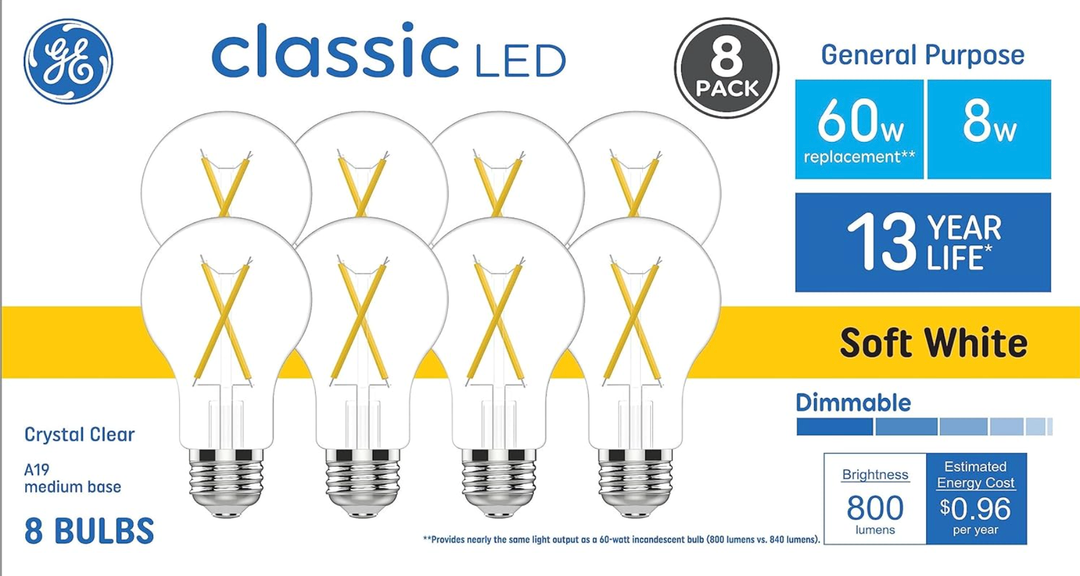 GE 60 Watt EQ A19 Classic Crystal Clear Soft White Medium Base (e26) Dimmable LED Light Bulb 8Pack