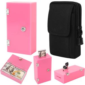Extra Large Pink Acrylic Box Winners Bank with 2 Keys, Slot, Storage Waist Bag, Portable Casino Cash Money Lock Box Safe for Gamblers, 1Pack