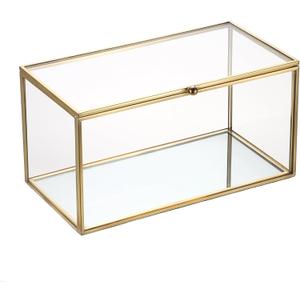 Hipiwe Gold Glass Decorative Rectangular Keepsake Shadow Box - Mini Garden Jewelry Display for Wedding Cards, Trinkets, Photos & Perfume - 8.3"x4.3"x4.3"