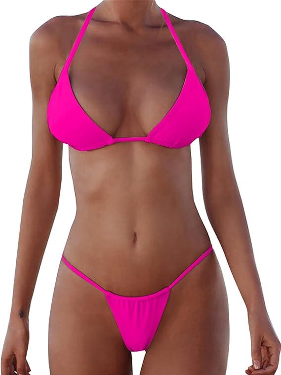 XUNYU Thong Bikini Sets for Women - Brazilian Micro String Bikinis Sexy Two Piece Swimsuit Triangle Top Halter Bathing Suits (Pink, S)
