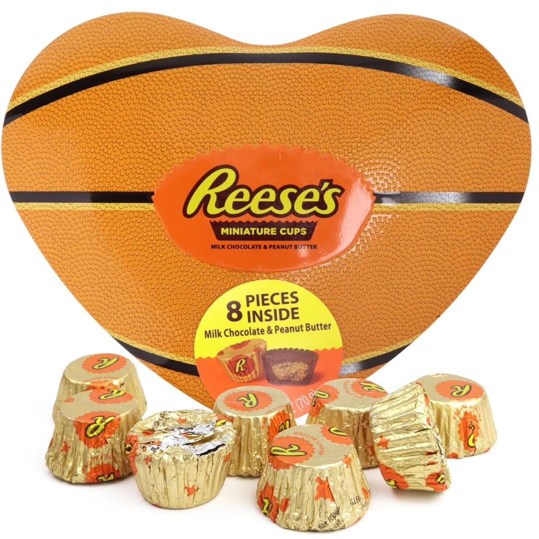Valentine's Hershey's Heart Shaped Tin, Basketball Themed Container Filled with Miniature Reese Peanut Butter Cups, Gift Basket, Part Favors, & More, 3.7 Ounces, BBD: 01 Aug 2026