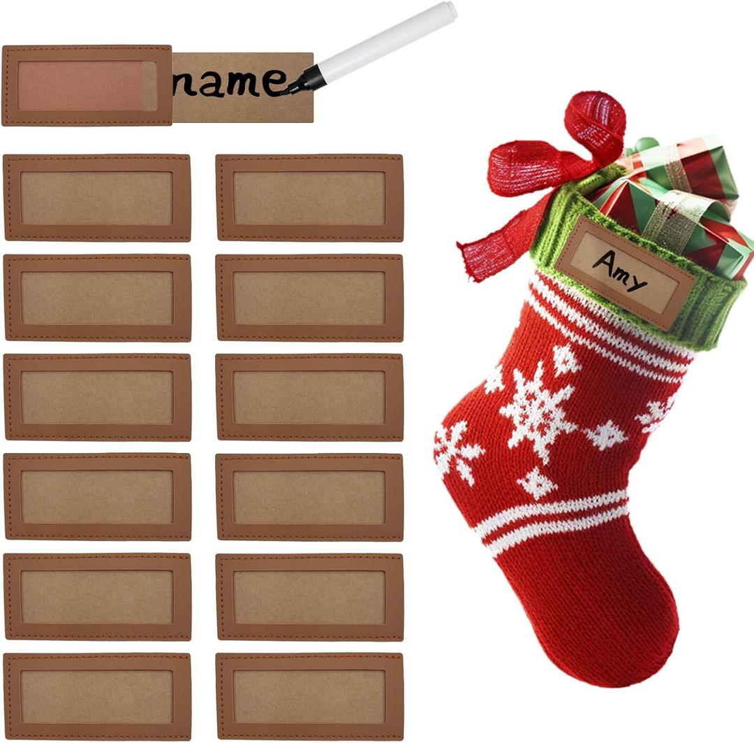 Personalized Christmas Stocking Leather Name Tags Custom Christmas Stocking Leather Tags Personalized Knitted Xmas Stocking 12PCS Light Brown Leathers Name Label for Family Christmas Decor