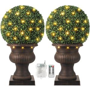 20 Artificial Plant Topiary Ball, Pre-Lit Artificial Topiary Plant with 50 Lights, Timer and Remote Control, Artificial Outdoor Porch Trees with Sturdy Pot for Outdoor IndoorRed Urn Base 2 pcs