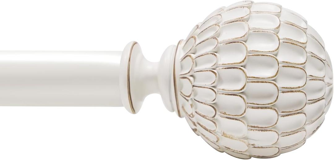 Vintage White Boho Curtain Rod for Windows 18 to 64 inch, 1-inch Heavy-Duty Adjustable Curtain Rod with Decorative Pinecone finials for Farmhouse Living room, Bedroom, Dining room