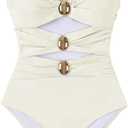Verdusa Women's Cut Out Colorblock One Piece Swimsuit Ruched Swimwear Bathing Suit (Large, Cream White)