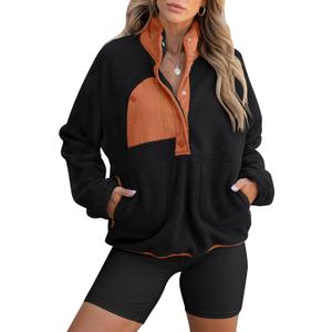 ANRABESS Women Fuzzy Fleece Pullover Sherpa Sweatshirt Long Sleeve Button Down Warm Soft Color Block Jackets with Pockets M